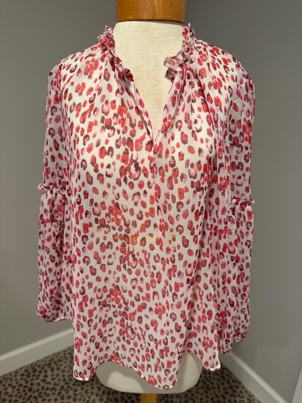 Women's red Leopard Print Ruffle Neck Blouse